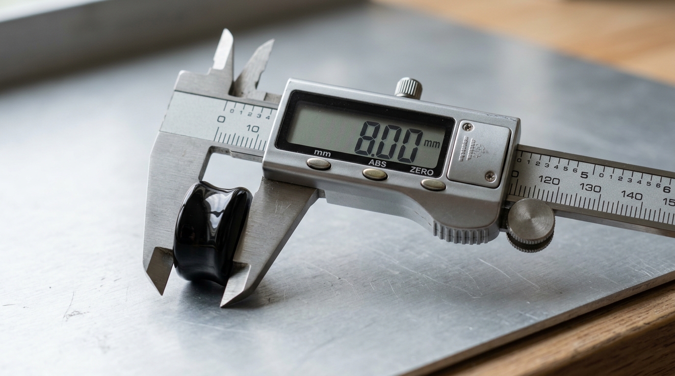 Digital caliper measuring the wearable section of an 8.00 mm 0G plug