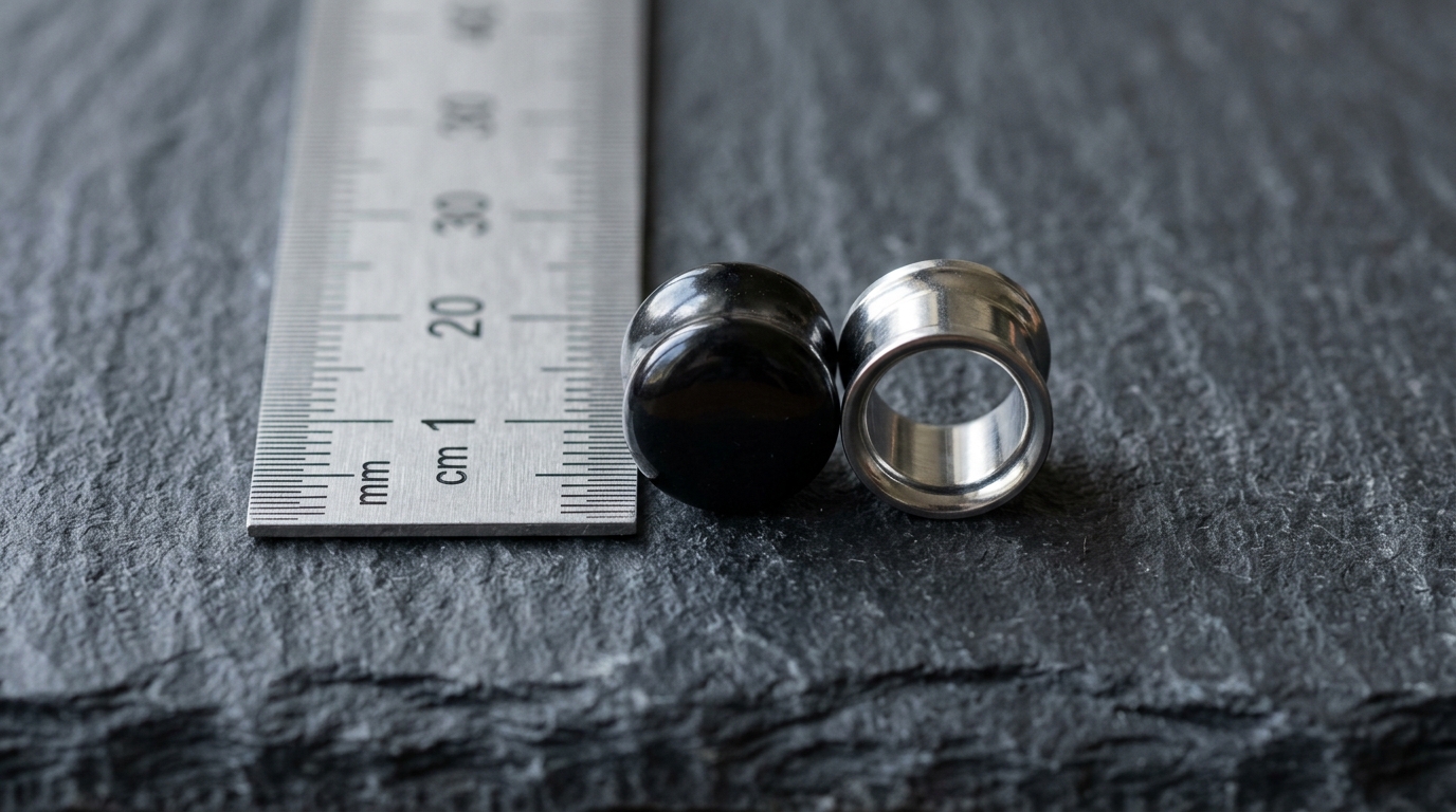 Clean studio photograph of an 8mm 0G black obsidian stone plug and polished titanium tunnel next to a steel ruler on dark slate