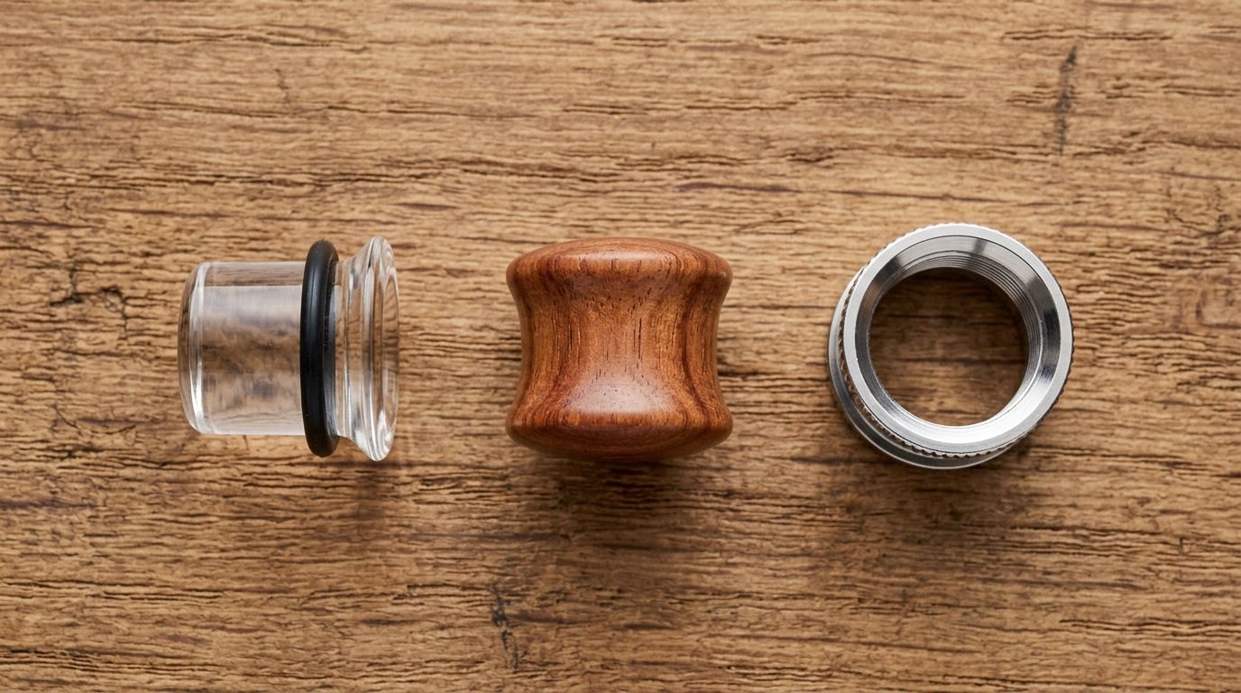 Three types of ear plugs: single-flare glass plug with O-ring, organic wood double-flare plug, and metal screw-fit tunnel