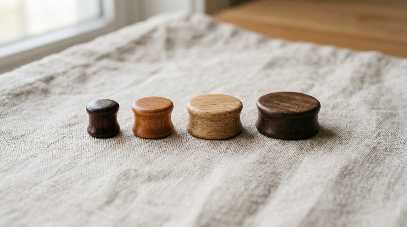 Side-by-side progression of ear stretching plugs from 2G 6mm, 1G 7mm, 0G 8mm to 00G