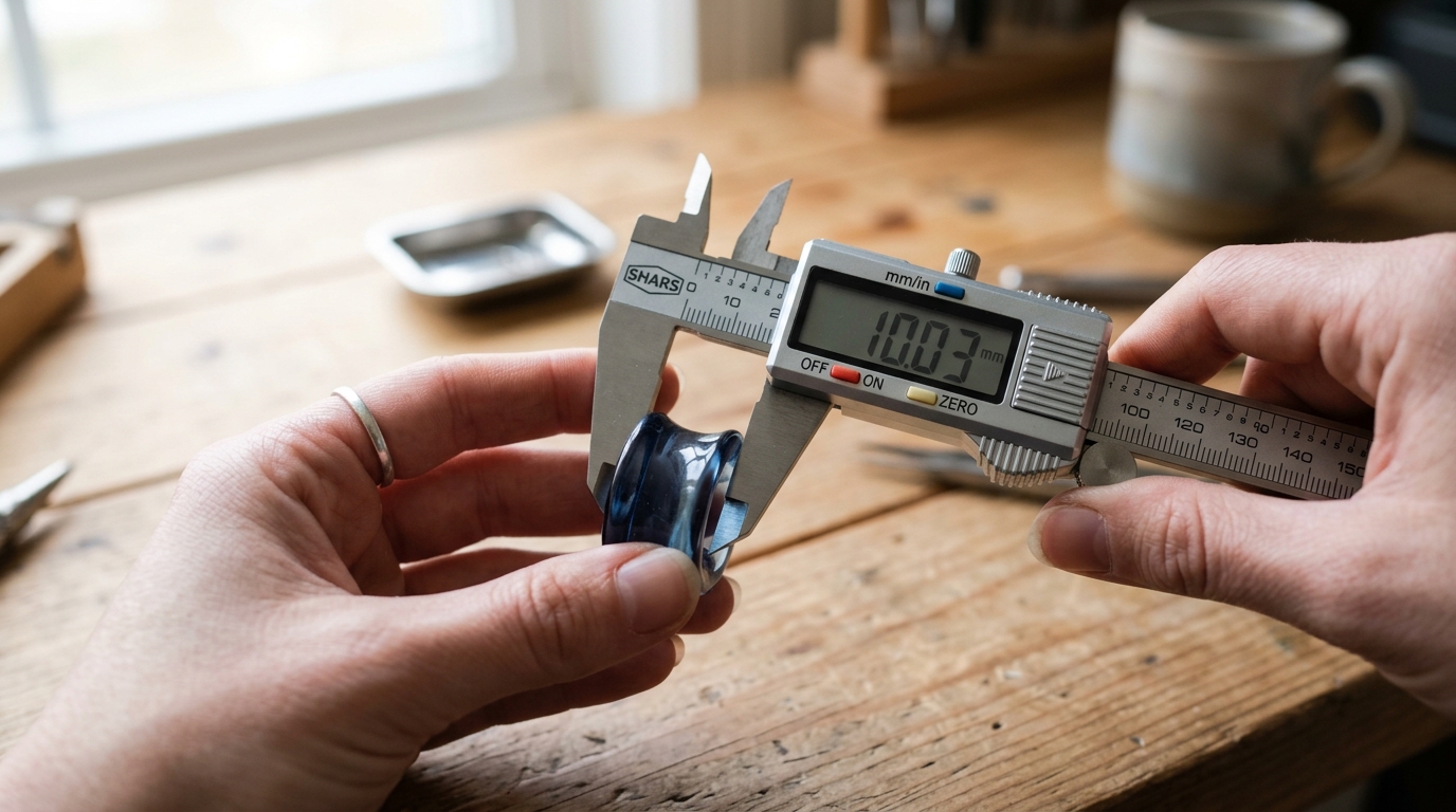 Hands carefully using a stainless steel digital caliper to measure the wearable shaft diameter of an ear plug