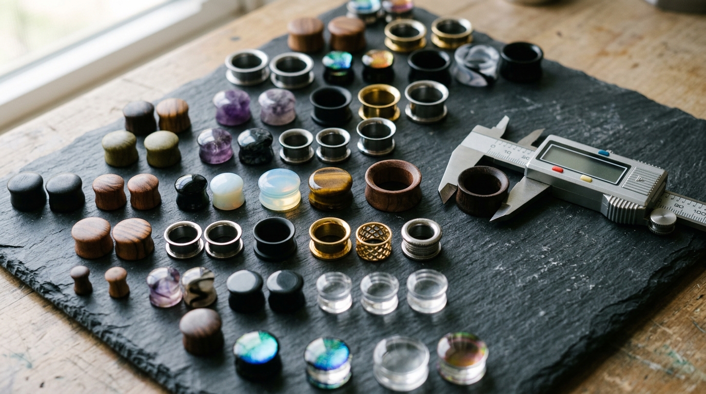 Collection of various sized ear gauge plugs and tunnels next to a precision digital caliper on a slate surface
