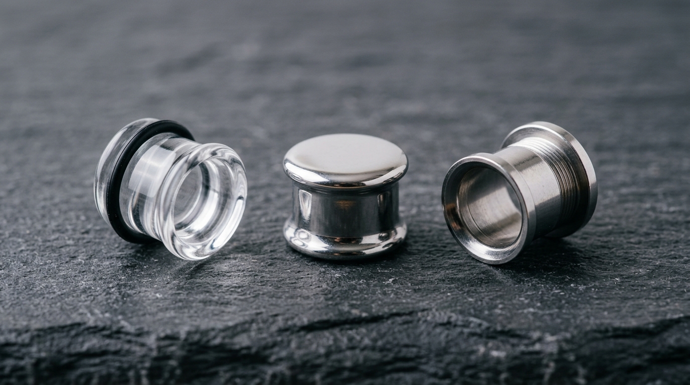 Comparison of three ear stretching jewelry styles: single-flare with o-ring, solid double-flare, and screw-fit tunnel