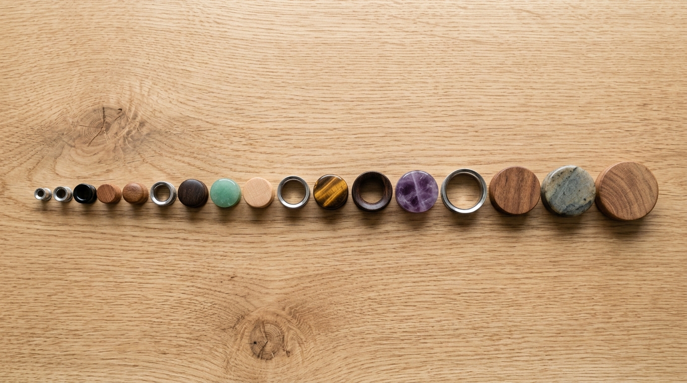 Ascending row of ear gauge plugs from small piercing gauges up to large diameter plugs