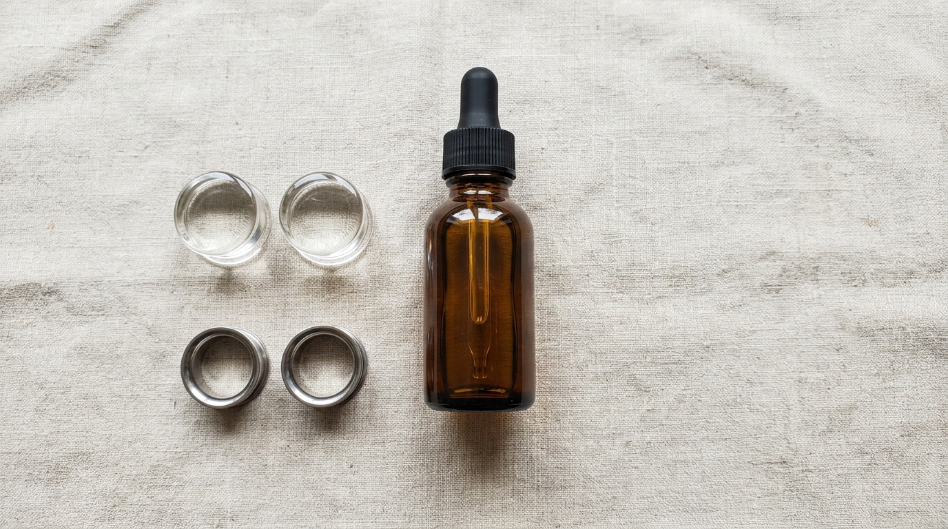 Safe ear stretching materials: clear glass plugs, titanium tunnels, and organic jojoba oil dropper bottle