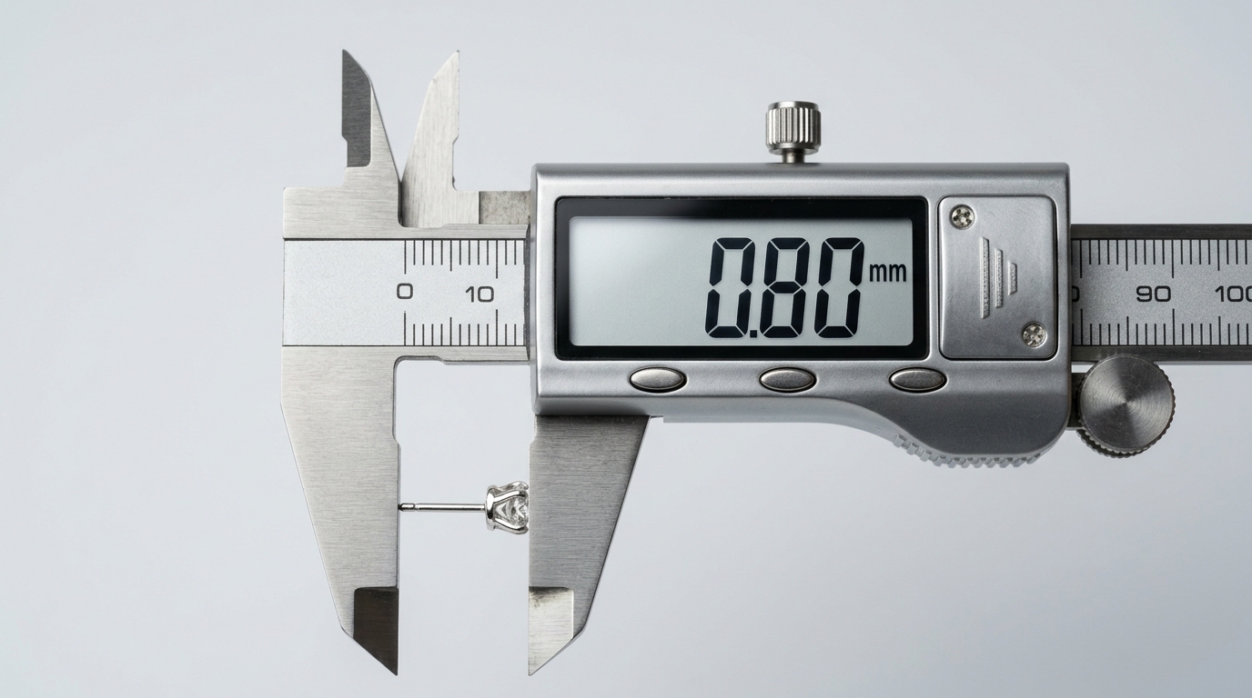 Digital caliper measuring the 0.80 mm post of a silver stud earring