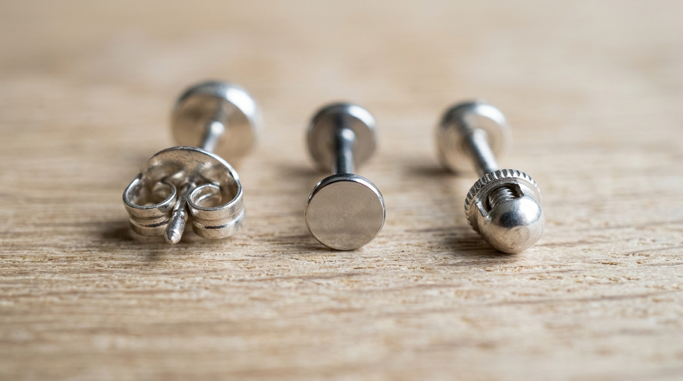 Comparison of earring closures: butterfly clutch backing, smooth flat-back disc, and threaded screw backing