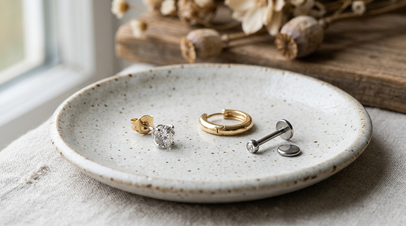 Diamond stud earring with butterfly back, gold huggie hoop, and titanium flat-back labret earring on ceramic dish