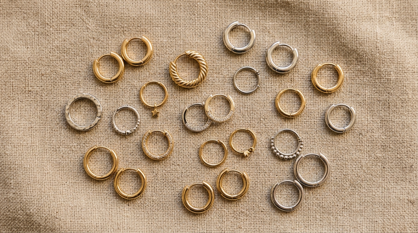 Assortment of gold and silver huggie hoop earrings and clicker rings of various diameters