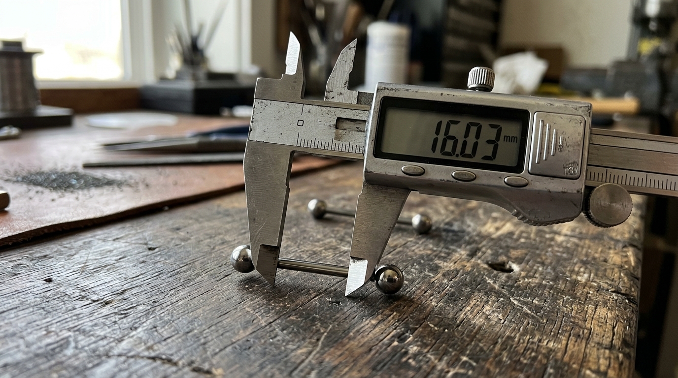 Digital caliper measuring the 16.03 mm wearable length of a straight barbell