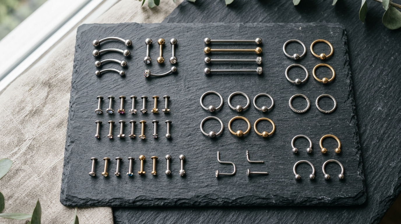 Comprehensive assortment of surgical steel and titanium body piercing jewelry across various gauges on dark slate