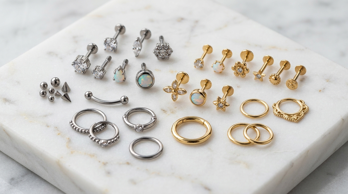 Implant-grade titanium and solid gold body jewelry on marble slab