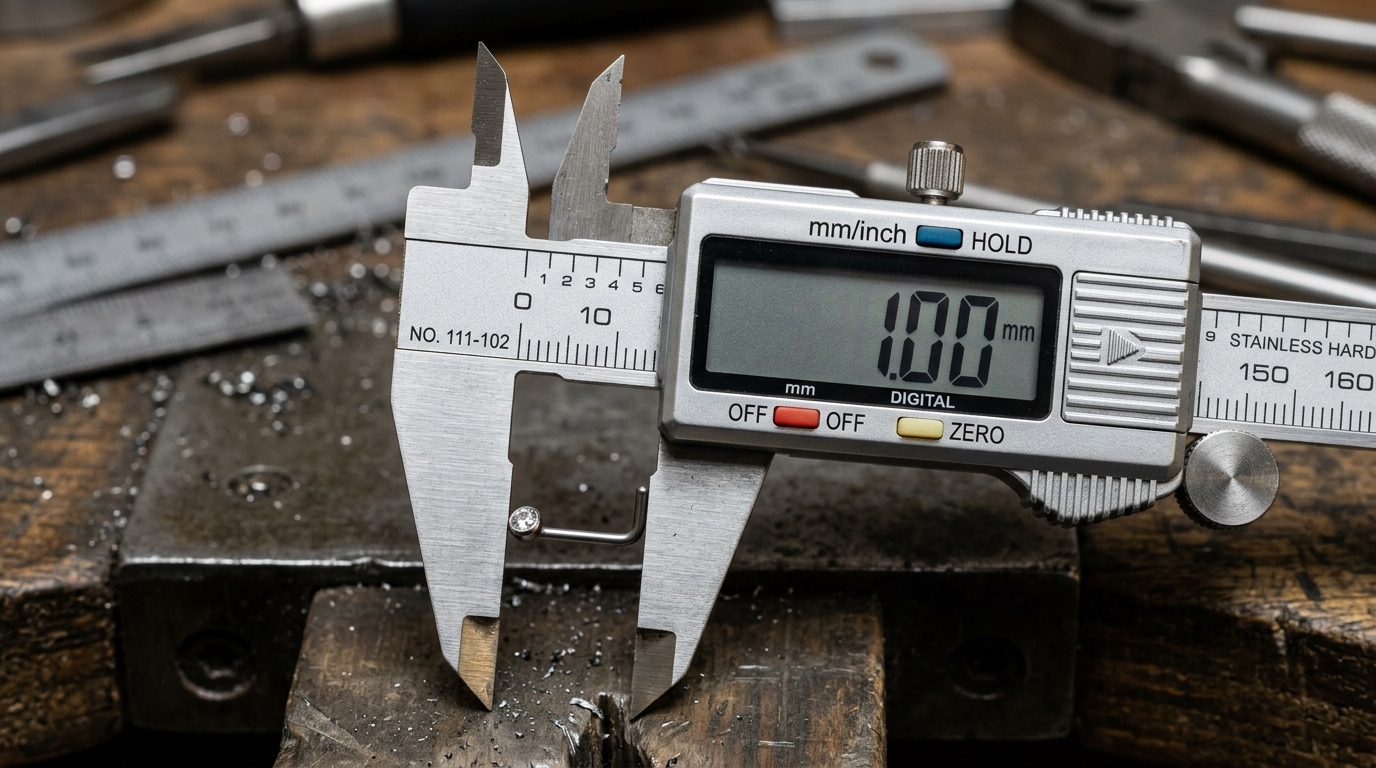 Digital caliper measuring the 1.00 mm thickness of an 18G nose stud post