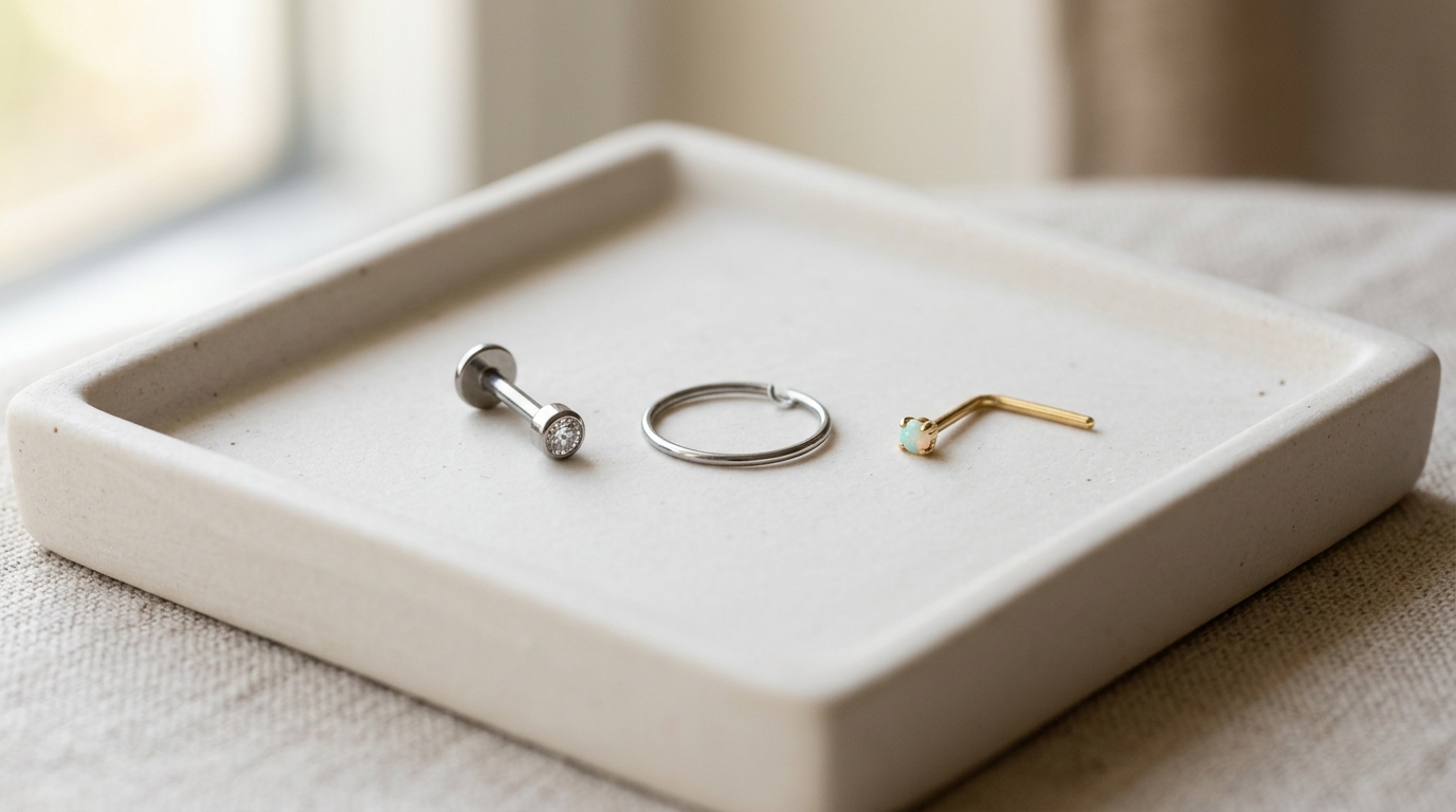Clean studio photograph of delicate nostril piercing jewelry including an 18G flat-back labret stud, seamless hoop, and L-bend stud on ceramic tray