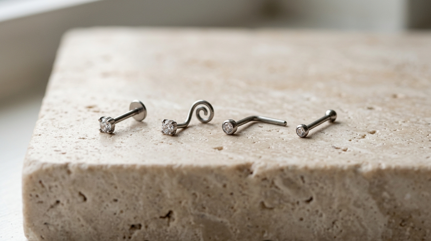 Four nose stud designs: flat-back labret, curved nostril screw, L-bend stud, and straight nose bone